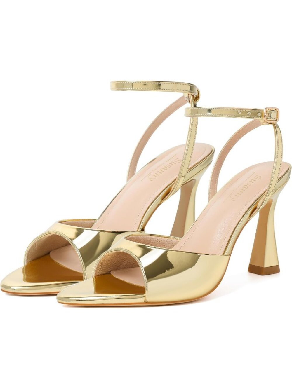 Women's Gold Pointed Open Toe Strappy Chunky Block Stiletto High Heels Shoes